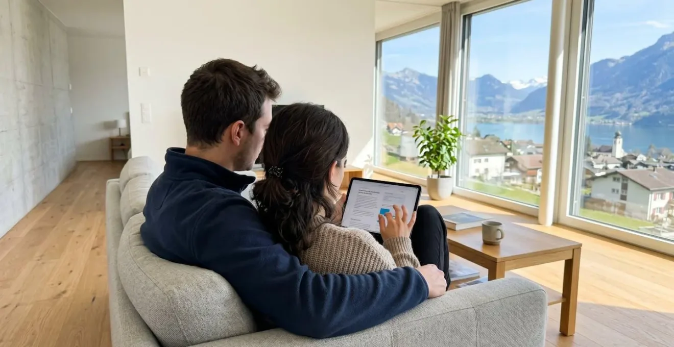 Un couple vu de dos consulte ensemble une tablette dans un salon lumineux aux grandes baies vitrées, ambiance contemporaine suisse