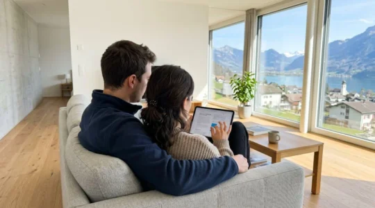 Un couple vu de dos consulte ensemble une tablette dans un salon lumineux aux grandes baies vitrées, ambiance contemporaine suisse