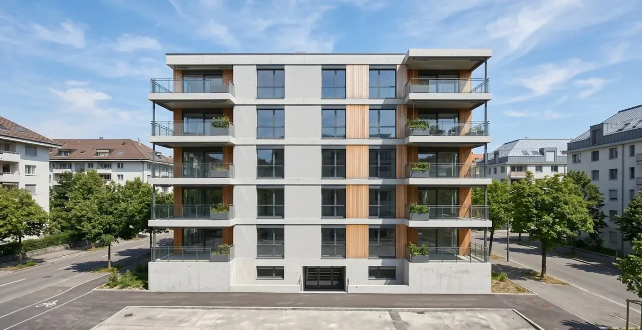 Façade d'un immeuble résidentiel contemporain aux lignes épurées dans un quartier urbain suisse, lumière naturelle du jour