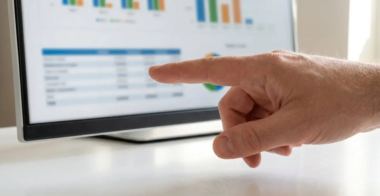 Gros plan d'une main pointant des graphiques et tableaux de données chiffrées sur un écran d'ordinateur moderne